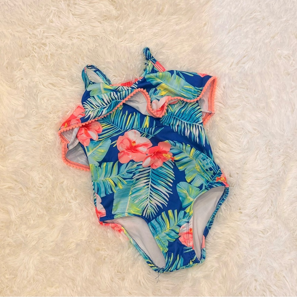 Girls' Blue Tropical Floral One-Piece Swimsuit with Ruffle